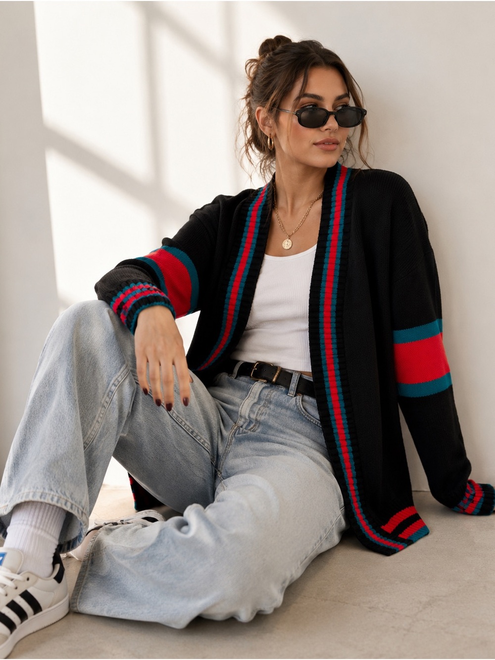 Boohoo Plus Black Striped Open Front Cardigan Red Teal Ribbed Knit Sweater 16